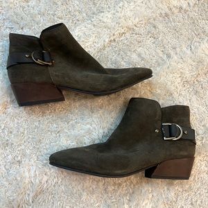 Naked feet ankle bootie leather belt detail and zipper closure suede and leather